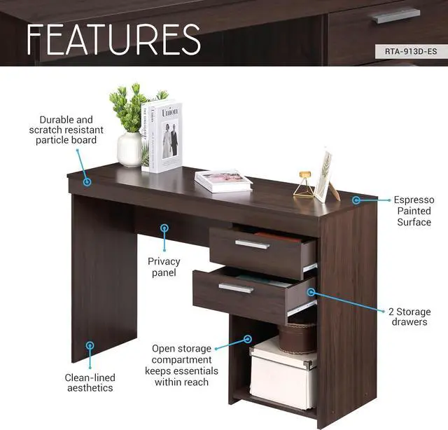 Alt view image 4 of 7 - Techni Mobili 48" Modern Computer Desk with Drawers, Small Desk for Bedroom or Office, Espresso Brown