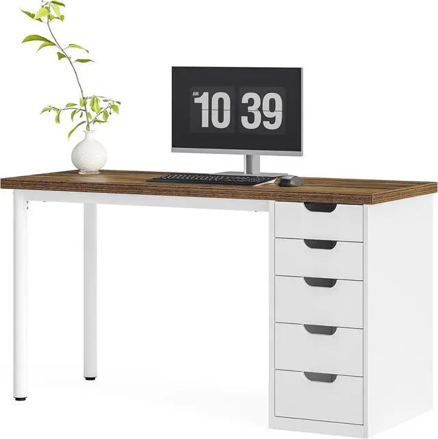 Main image of LITTLE TREE Computer Desk with 5 Drawers, 47 Inch Modern Simple Study Writing Desk with Metal Frame, Work Desk for Home Office, Rustic Brown and White