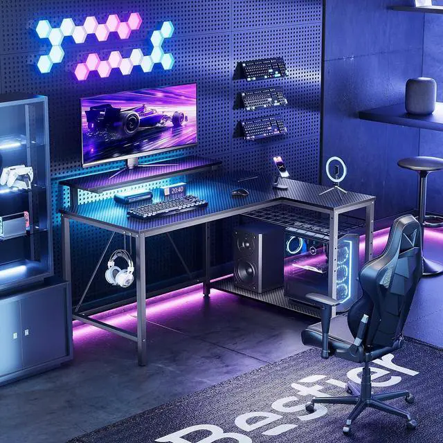 Alt view image 2 of 7 - Bestier Gaming Desk with Power Outlets, 42" L-Shaped Computer Desk with LED Lights, Desk with Reversible Storage Shelves & Hooks for Small Spaces, Bedrooms & Offices, Black Carbon Fiber