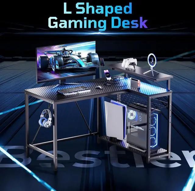 Alt view image 6 of 7 - Bestier Gaming Desk with Power Outlets, 42" L-Shaped Computer Desk with LED Lights, Desk with Reversible Storage Shelves & Hooks for Small Spaces, Bedrooms & Offices, Black Carbon Fiber
