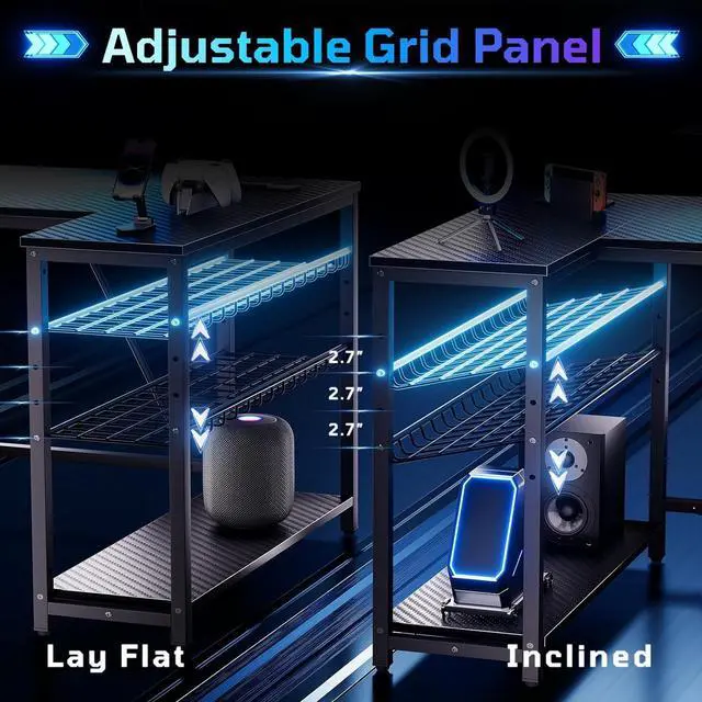 Alt view image 7 of 7 - Bestier Gaming Desk with Power Outlets, 42" L-Shaped Computer Desk with LED Lights, Desk with Reversible Storage Shelves & Hooks for Small Spaces, Bedrooms & Offices, Black Carbon Fiber