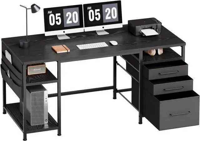 Main image of Maihail Home Office Desk with Drawers Adjustable Shelves, 59 inch Writing Desk with File Cabinet, Large Computer Desk with Storage, Vintage, Black