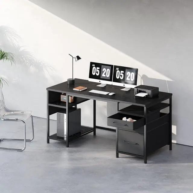 Alt view image 2 of 7 - Maihail Home Office Desk with Drawers Adjustable Shelves, 59 inch Writing Desk with File Cabinet, Large Computer Desk with Storage, Vintage, Black