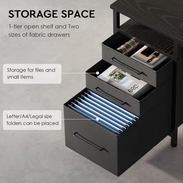 Alt view image 4 of 7 - Maihail Home Office Desk with Drawers Adjustable Shelves, 59 inch Writing Desk with File Cabinet, Large Computer Desk with Storage, Vintage, Black