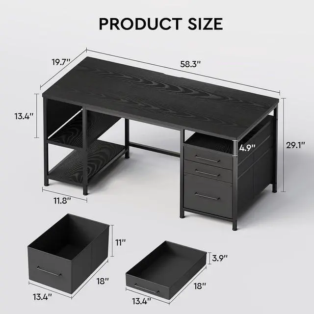 Alt view image 6 of 7 - Maihail Home Office Desk with Drawers Adjustable Shelves, 59 inch Writing Desk with File Cabinet, Large Computer Desk with Storage, Vintage, Black