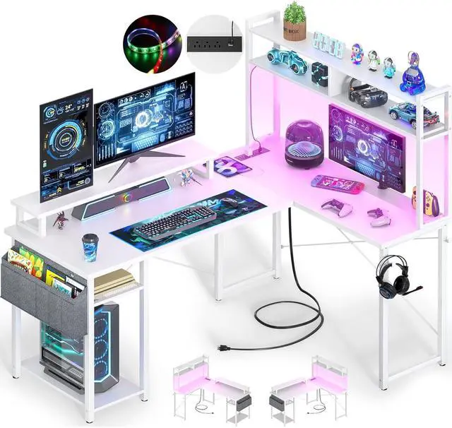 Main image of Small L Shaped Desk Gaming Desk with Power Outlets, 48" Reversible L Shaped LED Computer Desk with Monitor Stand & Storage Shelf, Corner Gamer Desk Home Office Desk with Storage Bag, White