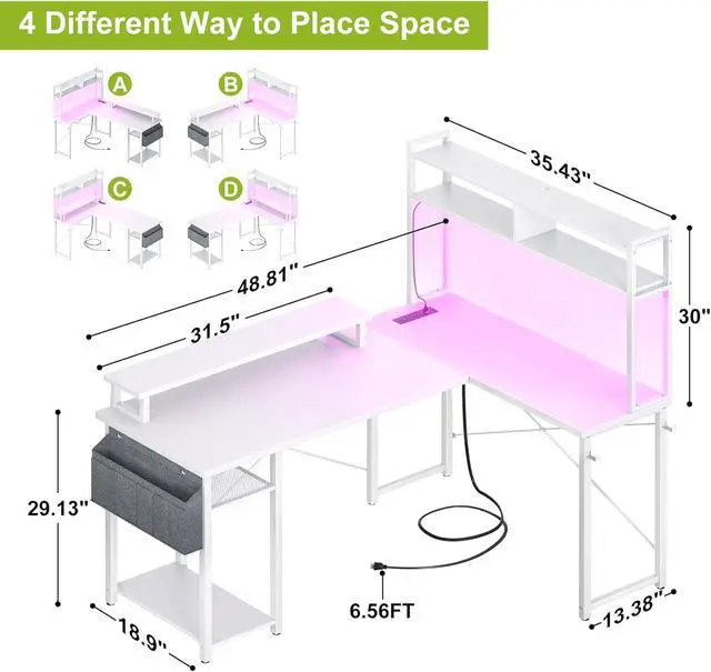 Alt view image 2 of 7 - Small L Shaped Desk Gaming Desk with Power Outlets, 48" Reversible L Shaped LED Computer Desk with Monitor Stand & Storage Shelf, Corner Gamer Desk Home Office Desk with Storage Bag, White