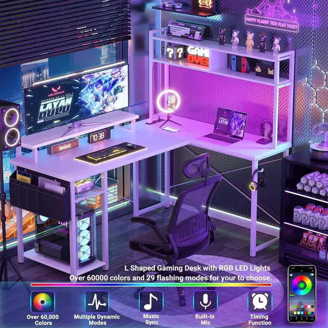 Alt view image 4 of 7 - Small L Shaped Desk Gaming Desk with Power Outlets, 48" Reversible L Shaped LED Computer Desk with Monitor Stand & Storage Shelf, Corner Gamer Desk Home Office Desk with Storage Bag, White