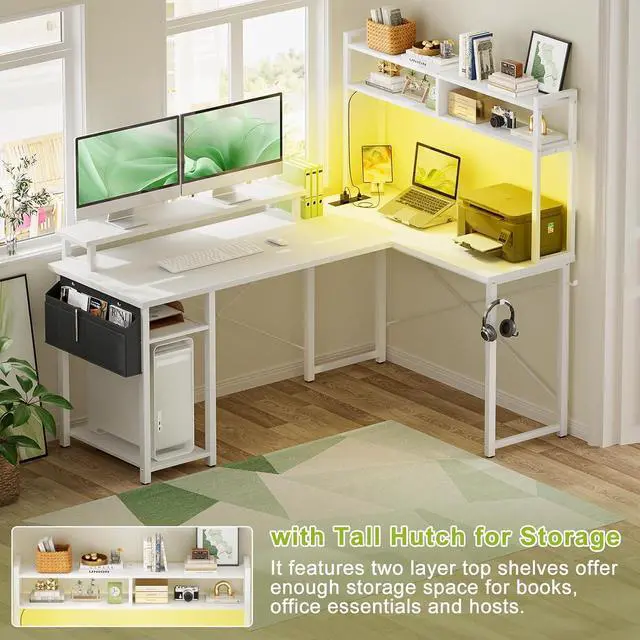 Alt view image 5 of 7 - Small L Shaped Desk Gaming Desk with Power Outlets, 48" Reversible L Shaped LED Computer Desk with Monitor Stand & Storage Shelf, Corner Gamer Desk Home Office Desk with Storage Bag, White