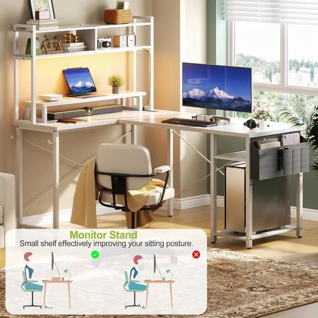 Alt view image 6 of 7 - Small L Shaped Desk Gaming Desk with Power Outlets, 48" Reversible L Shaped LED Computer Desk with Monitor Stand & Storage Shelf, Corner Gamer Desk Home Office Desk with Storage Bag, White