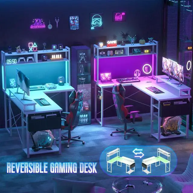 Alt view image 7 of 7 - Small L Shaped Desk Gaming Desk with Power Outlets, 48" Reversible L Shaped LED Computer Desk with Monitor Stand & Storage Shelf, Corner Gamer Desk Home Office Desk with Storage Bag, White