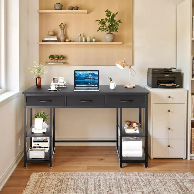 Alt view image 2 of 6 - 47-inch Computer Desk with 3 Drawers, Small Home Office Desk with Storage Shelves and Sturdy Metal Frame, Black