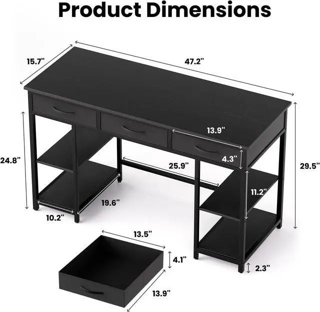 Alt view image 3 of 6 - 47-inch Computer Desk with 3 Drawers, Small Home Office Desk with Storage Shelves and Sturdy Metal Frame, Black