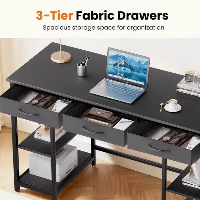 Alt view image 4 of 6 - 47-inch Computer Desk with 3 Drawers, Small Home Office Desk with Storage Shelves and Sturdy Metal Frame, Black