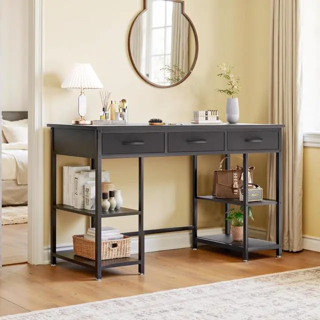 Alt view image 6 of 6 - 47-inch Computer Desk with 3 Drawers, Small Home Office Desk with Storage Shelves and Sturdy Metal Frame, Black