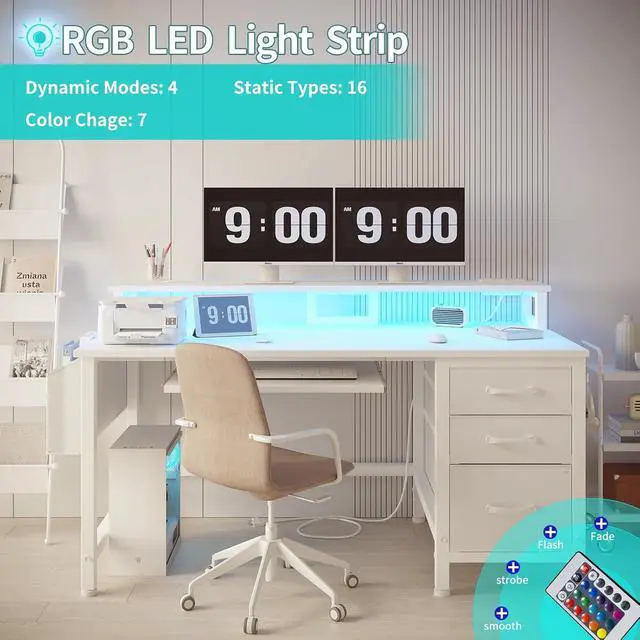 Alt view image 3 of 7 - Lufeiya Gaming Desk with LED Lights and Power Outlets, 47 Inch Home Office Desks with Keyboard Tray, White Computer Desk with File Drawers Cabinet, Writing Table PC Desks with Monitor Stand, White