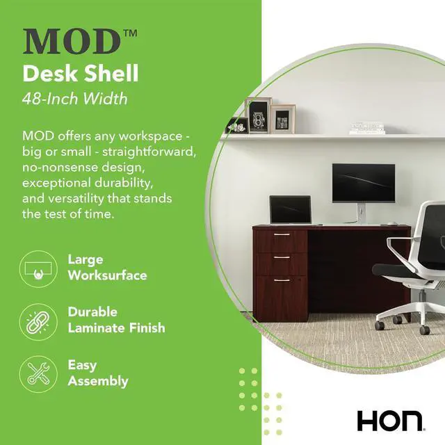 Alt view image 3 of 4 - HON MOD Executive Desk 48-Inch Large Computer Desk Shell, Thick Wooden Laminate, Modern Table with Cord Management, 48" W x 30" D x 29" H, Traditional Mahogany