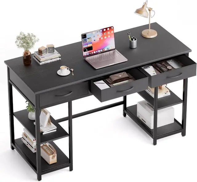 Main image of 47-inch Computer Desk with 3 Drawers, Small Home Office Desk with Storage Shelves and Sturdy Metal Frame, Black