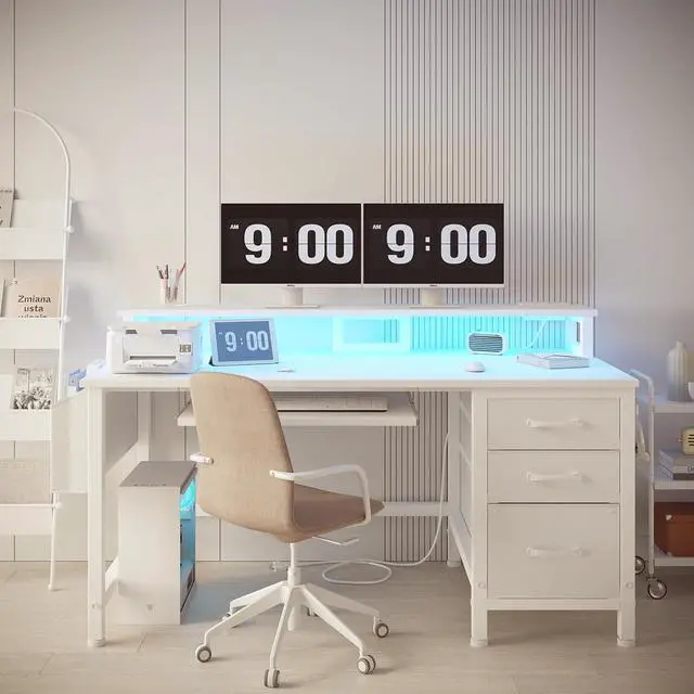 Alt view image 4 of 7 - Lufeiya Gaming Desk with LED Lights and Power Outlets, 47 Inch Home Office Desks with Keyboard Tray, White Computer Desk with File Drawers Cabinet, Writing Table PC Desks with Monitor Stand, White