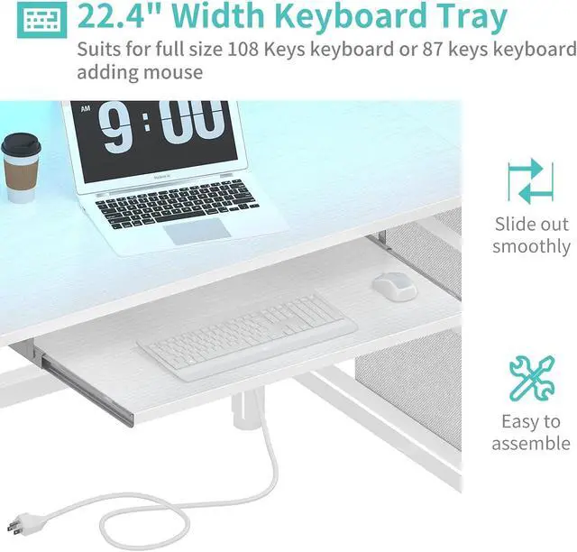 Alt view image 6 of 7 - Lufeiya Gaming Desk with LED Lights and Power Outlets, 47 Inch Home Office Desks with Keyboard Tray, White Computer Desk with File Drawers Cabinet, Writing Table PC Desks with Monitor Stand, White
