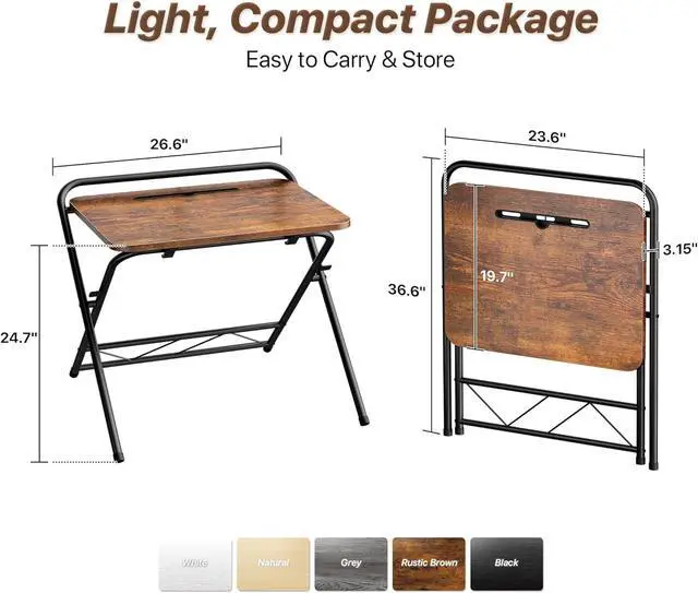 Alt view image 2 of 7 - Huuger Folding Desk with 3-Level Adjustable Height and Tablet Slot, 24 Inch Foldable Computer Desk for Small Spaces, Space Saving, Writing Work Table for Home Office, Bedroom, Study, Rustic Brown