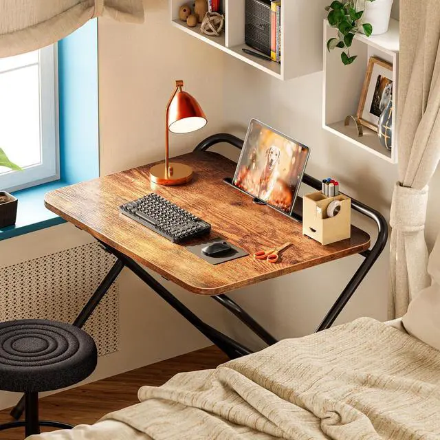 Alt view image 3 of 7 - Huuger Folding Desk with 3-Level Adjustable Height and Tablet Slot, 24 Inch Foldable Computer Desk for Small Spaces, Space Saving, Writing Work Table for Home Office, Bedroom, Study, Rustic Brown