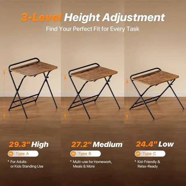 Alt view image 4 of 7 - Huuger Folding Desk with 3-Level Adjustable Height and Tablet Slot, 24 Inch Foldable Computer Desk for Small Spaces, Space Saving, Writing Work Table for Home Office, Bedroom, Study, Rustic Brown