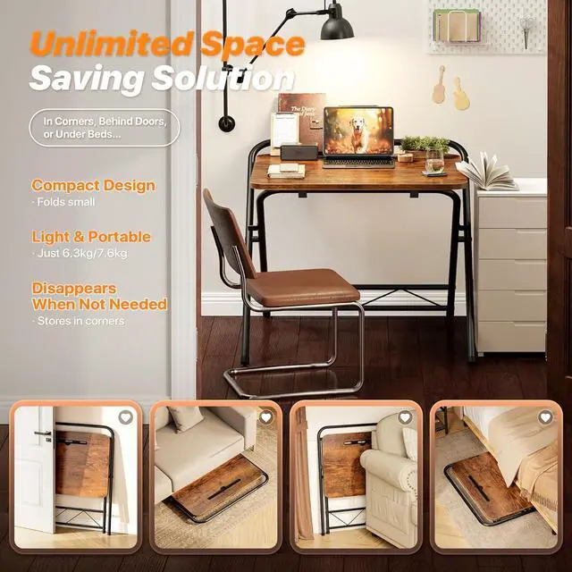 Alt view image 5 of 7 - Huuger Folding Desk with 3-Level Adjustable Height and Tablet Slot, 24 Inch Foldable Computer Desk for Small Spaces, Space Saving, Writing Work Table for Home Office, Bedroom, Study, Rustic Brown