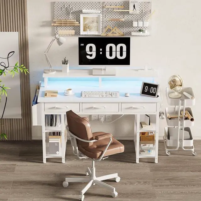 Alt view image 2 of 7 - Lufeiya White Computer Desk with Fabric Drawers, 47 Inch Home Office Desk with Monitor Stand Shelves, Writing Study Gaming Desks with Led Lights and Power Outlets for Bedroom, White