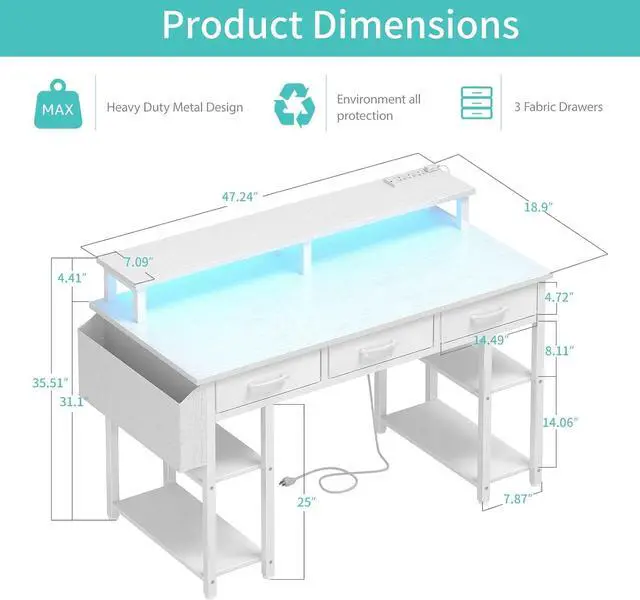Alt view image 3 of 7 - Lufeiya White Computer Desk with Fabric Drawers, 47 Inch Home Office Desk with Monitor Stand Shelves, Writing Study Gaming Desks with Led Lights and Power Outlets for Bedroom, White