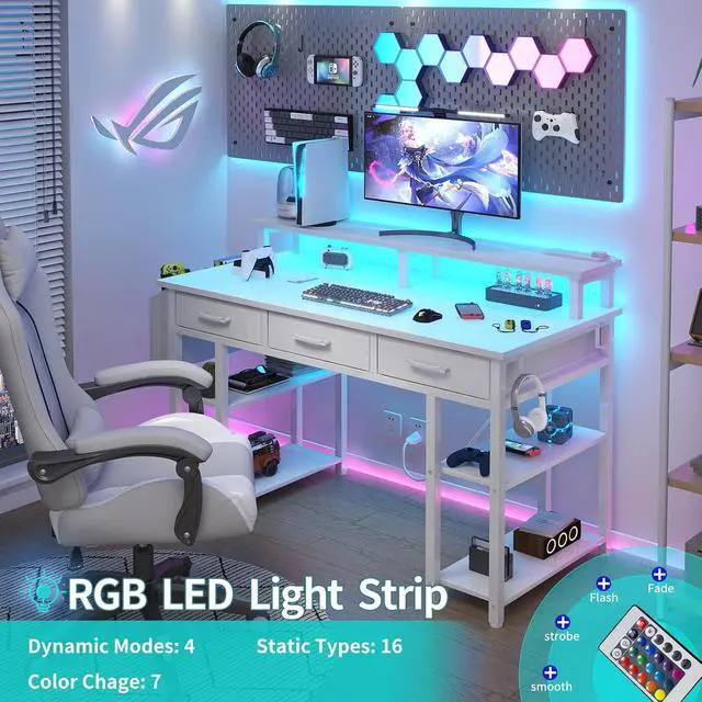 Alt view image 4 of 7 - Lufeiya White Computer Desk with Fabric Drawers, 47 Inch Home Office Desk with Monitor Stand Shelves, Writing Study Gaming Desks with Led Lights and Power Outlets for Bedroom, White