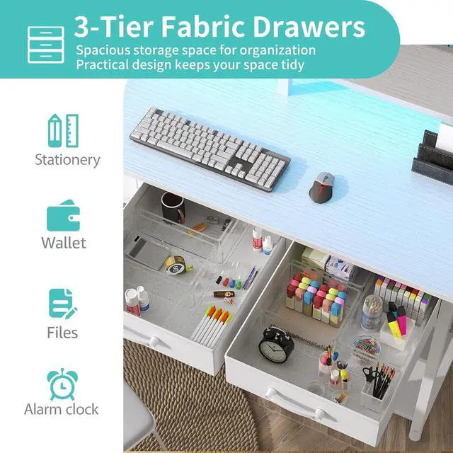 Alt view image 5 of 7 - Lufeiya White Computer Desk with Fabric Drawers, 47 Inch Home Office Desk with Monitor Stand Shelves, Writing Study Gaming Desks with Led Lights and Power Outlets for Bedroom, White