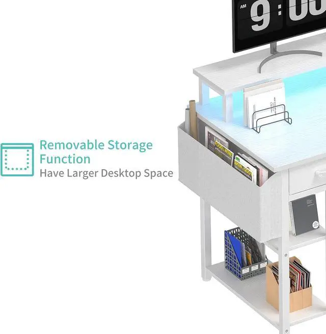 Alt view image 7 of 7 - Lufeiya White Computer Desk with Fabric Drawers, 47 Inch Home Office Desk with Monitor Stand Shelves, Writing Study Gaming Desks with Led Lights and Power Outlets for Bedroom, White