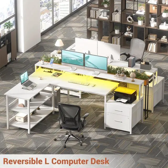 Alt view image 2 of 7 - Aheaplus L Shaped Desk with Power Outlet, Reversible L Shaped Computer Desk with File Drawer & Monitor Stand, Gaming Desks with LED Strip, Home Office Desk with Storage Shelf, White