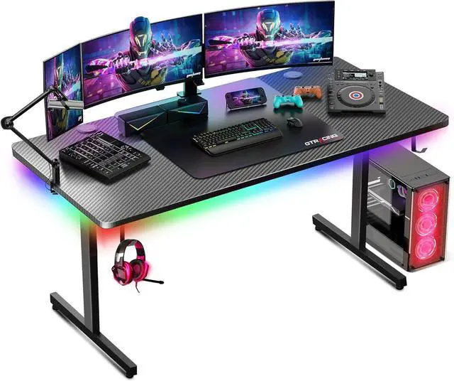 Main image of GTRACING Gaming Desk 55 Inch with LED Lights, Large Computer Desk with Mouse Pad for Home Office, T-Shaped Carbon Fibre Surface PC Game Workstations with Headphone Hook Light Black