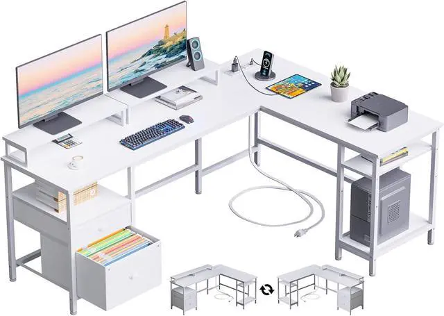 Main image of Furologee 66 L Shaped Desk with Power Outlet, Reversible Computer Gaming Desk with File Drawer & 2 Monitor Stands for Home Office with Storage Shelves, White