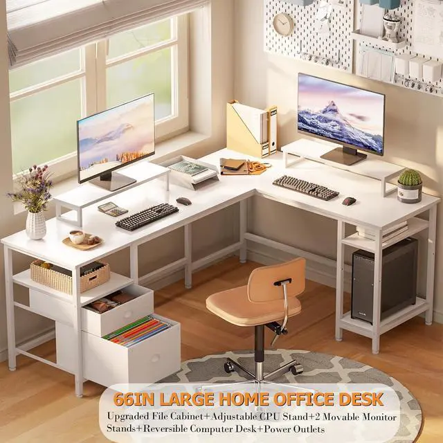 Alt view image 4 of 7 - Furologee 66 L Shaped Desk with Power Outlet, Reversible Computer Gaming Desk with File Drawer & 2 Monitor Stands for Home Office with Storage Shelves, White