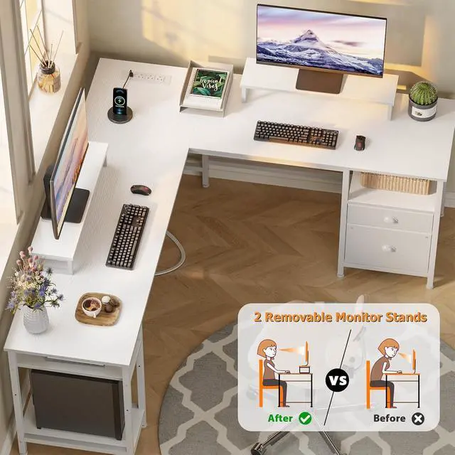 Alt view image 5 of 7 - Furologee 66 L Shaped Desk with Power Outlet, Reversible Computer Gaming Desk with File Drawer & 2 Monitor Stands for Home Office with Storage Shelves, White