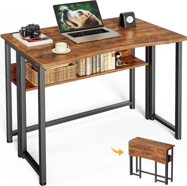 Main image of Huuger Folding Desk with Storage Shelf, 31.5 Inch Foldable Computer Table for Small Spaces, Space Saving Sofa Table for Couch, Writing Work Office Computer Desk, Easy to Fold, Rustic Brown