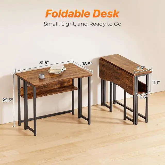 Alt view image 2 of 7 - Huuger Folding Desk with Storage Shelf, 31.5 Inch Foldable Computer Table for Small Spaces, Space Saving Sofa Table for Couch, Writing Work Office Computer Desk, Easy to Fold, Rustic Brown