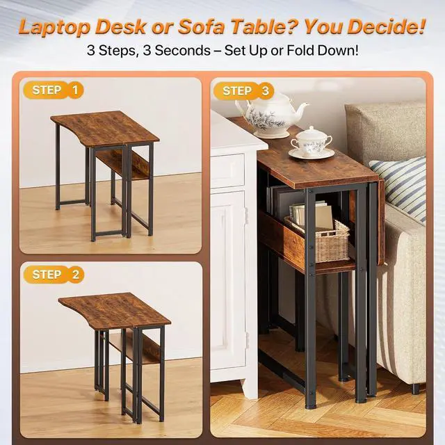 Alt view image 4 of 7 - Huuger Folding Desk with Storage Shelf, 31.5 Inch Foldable Computer Table for Small Spaces, Space Saving Sofa Table for Couch, Writing Work Office Computer Desk, Easy to Fold, Rustic Brown