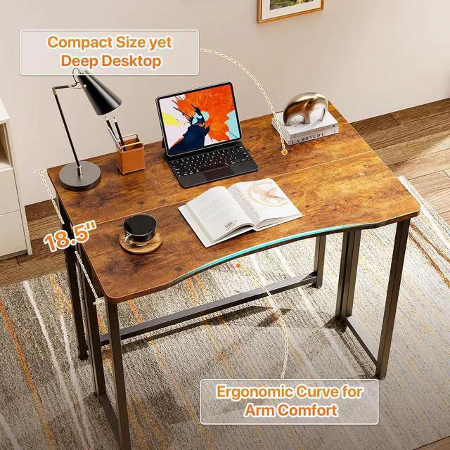 Alt view image 5 of 7 - Huuger Folding Desk with Storage Shelf, 31.5 Inch Foldable Computer Table for Small Spaces, Space Saving Sofa Table for Couch, Writing Work Office Computer Desk, Easy to Fold, Rustic Brown