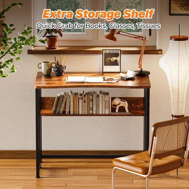 Alt view image 6 of 7 - Huuger Folding Desk with Storage Shelf, 31.5 Inch Foldable Computer Table for Small Spaces, Space Saving Sofa Table for Couch, Writing Work Office Computer Desk, Easy to Fold, Rustic Brown