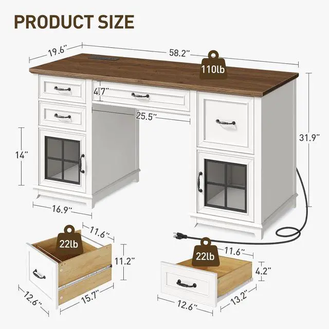 Alt view image 2 of 7 - 58" Executive Desk with Drawers, Farmhouse Led Computer Desk with Drawers & File Cabinet, LED Light, Home Office Desk with Power Outlet, Workspace for Study Writing, White and Walnut
