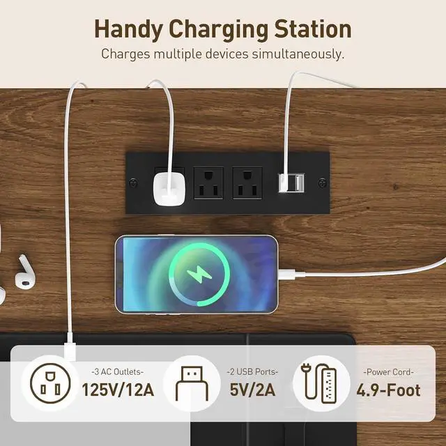 Alt view image 4 of 7 - 58" Executive Desk with Drawers, Farmhouse Led Computer Desk with Drawers & File Cabinet, LED Light, Home Office Desk with Power Outlet, Workspace for Study Writing, White and Walnut