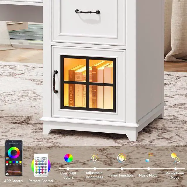 Alt view image 6 of 7 - 58" Executive Desk with Drawers, Farmhouse Led Computer Desk with Drawers & File Cabinet, LED Light, Home Office Desk with Power Outlet, Workspace for Study Writing, White and Walnut