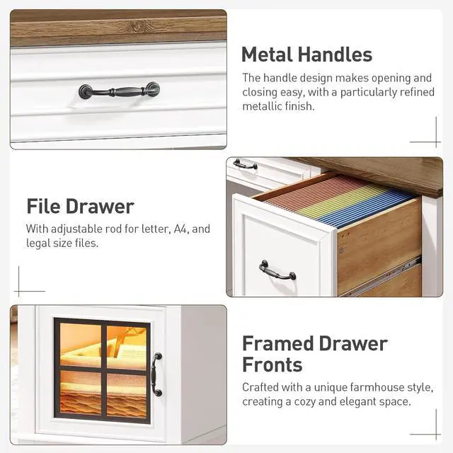 Alt view image 7 of 7 - 58" Executive Desk with Drawers, Farmhouse Led Computer Desk with Drawers & File Cabinet, LED Light, Home Office Desk with Power Outlet, Workspace for Study Writing, White and Walnut