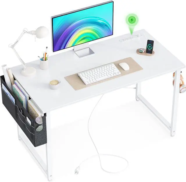 Main image of KKL Small Desk with Power Outlets and USB Port Computer Desk for Home Office Gaming Simple Modern Style Writing Desks with Storage Bag Headphone Hook, 40 inch, White