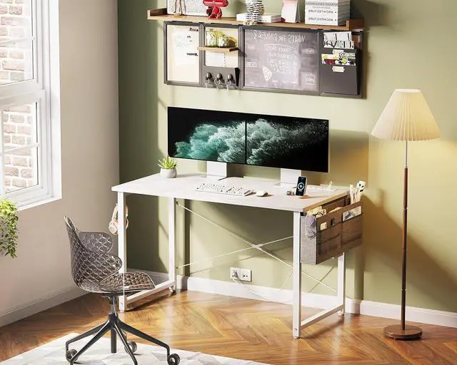 Alt view image 2 of 7 - KKL Small Desk with Power Outlets and USB Port Computer Desk for Home Office Gaming Simple Modern Style Writing Desks with Storage Bag Headphone Hook, 40 inch, White