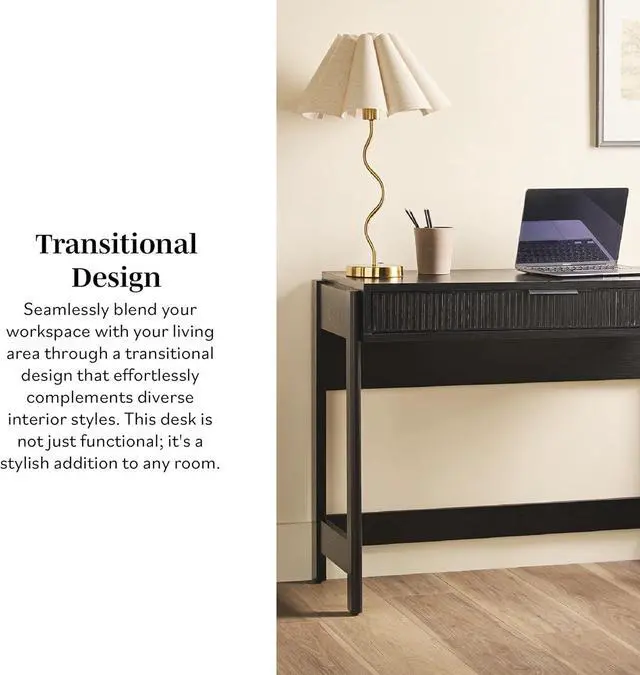 Alt view image 5 of 7 - Walker Edison Transitional Office Design, Reeded Drawer Front Detail, Writing Desk with Drawer, Spacious Desktop, Complementary in Living Spaces, 38W x 16.75D x 30H, Black